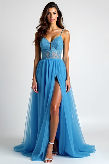 Light Blue A Line Spaghetti Straps Long Prom Dress with Slit